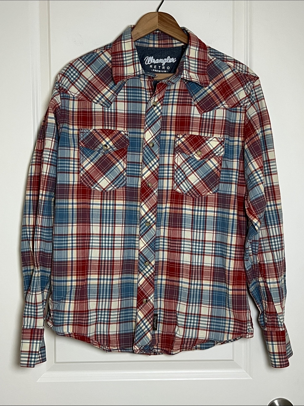 Wrangler Retro Red, Blue & Cream Plaid Western Shirt Snap Buttons Medium